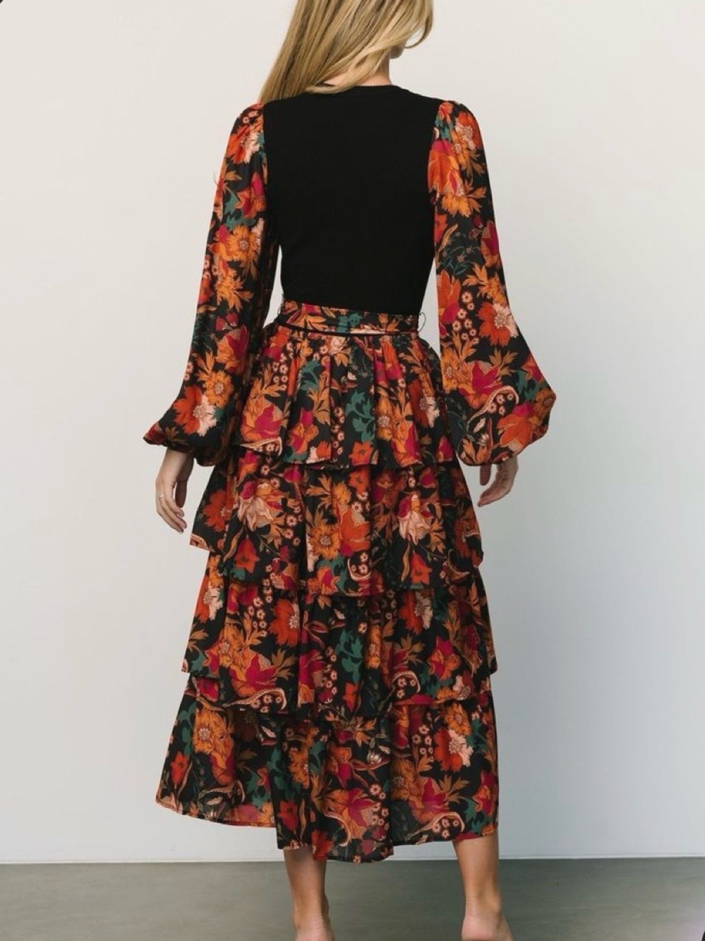Baltic Born Black Bodice Floral Tiered Midi Dress Sz M - Picture 2 of 6